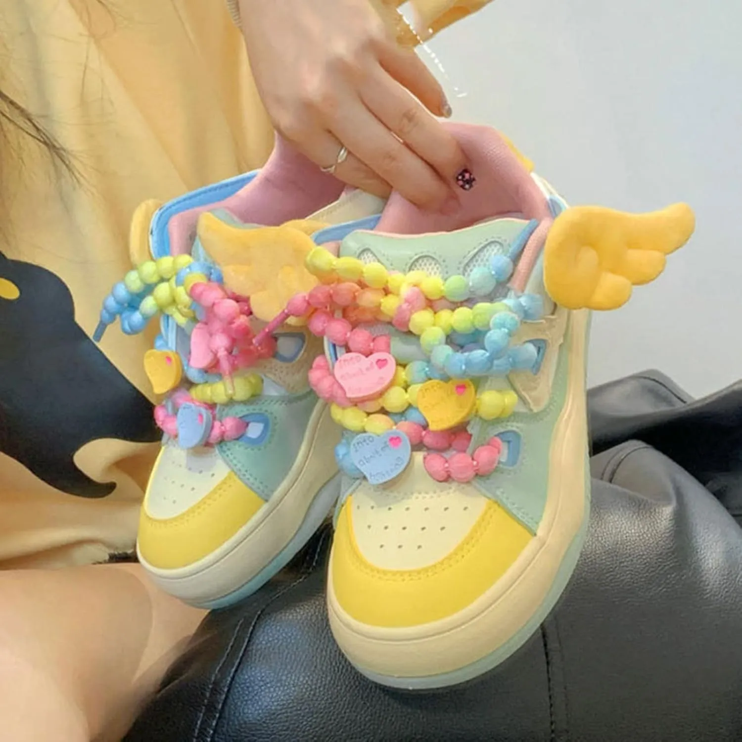 Cute Heart & Wings Letter Sneakers for Women Dopamine Color Lace-Up Walking Shoes Rubber Sole Lace Up Shoes