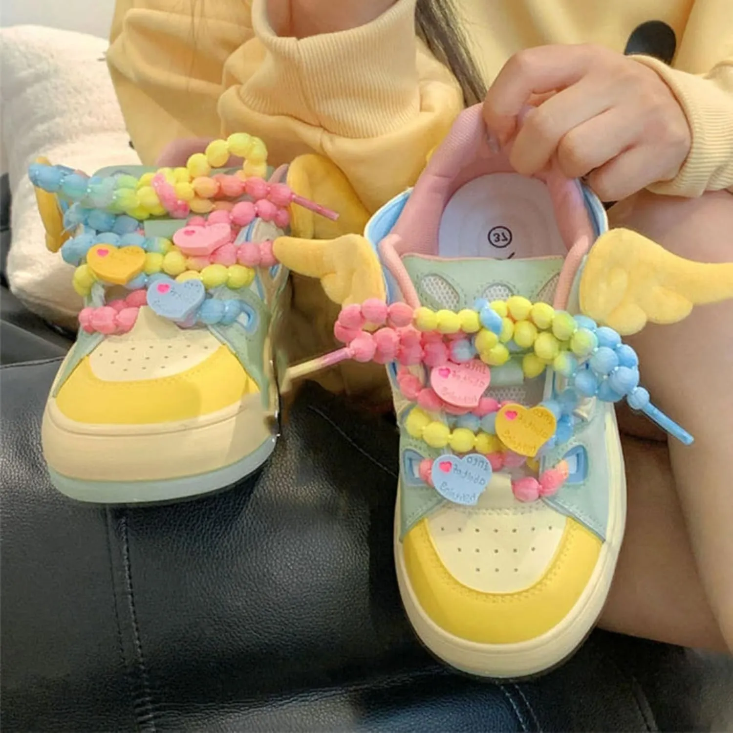 Cute Heart & Wings Letter Sneakers for Women Dopamine Color Lace-Up Walking Shoes Rubber Sole Lace Up Shoes