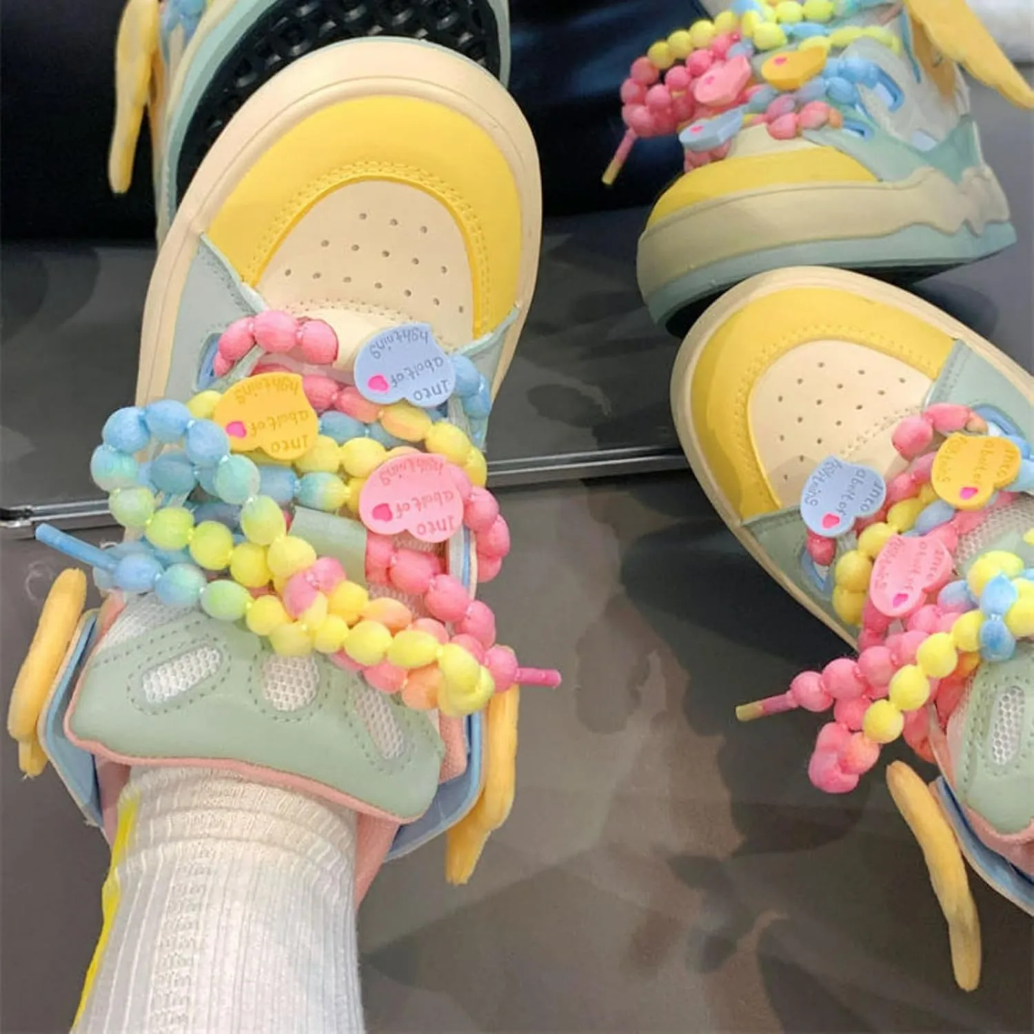 Cute Heart & Wings Letter Sneakers for Women Dopamine Color Lace-Up Walking Shoes Rubber Sole Lace Up Shoes