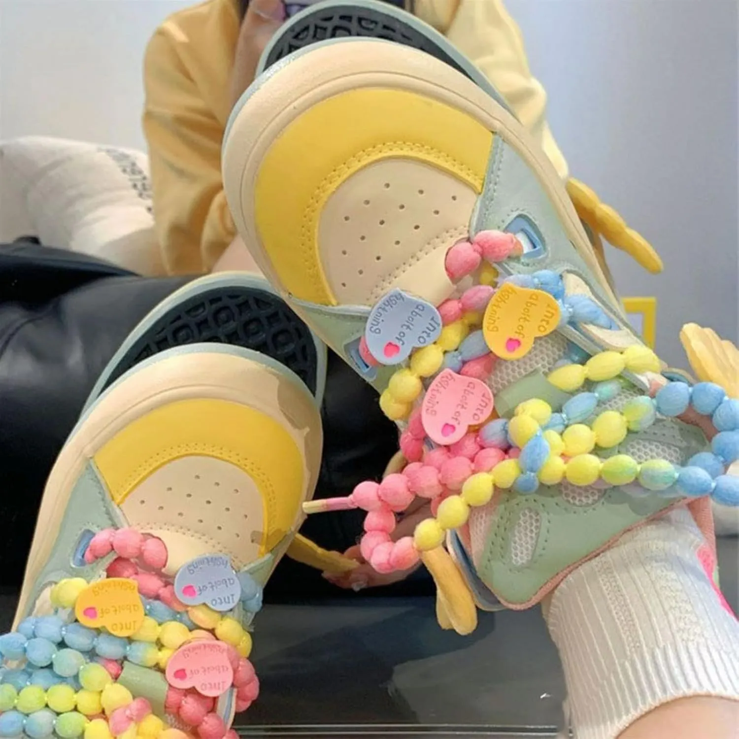 Cute Heart & Wings Letter Sneakers for Women Dopamine Color Lace-Up Walking Shoes Rubber Sole Lace Up Shoes