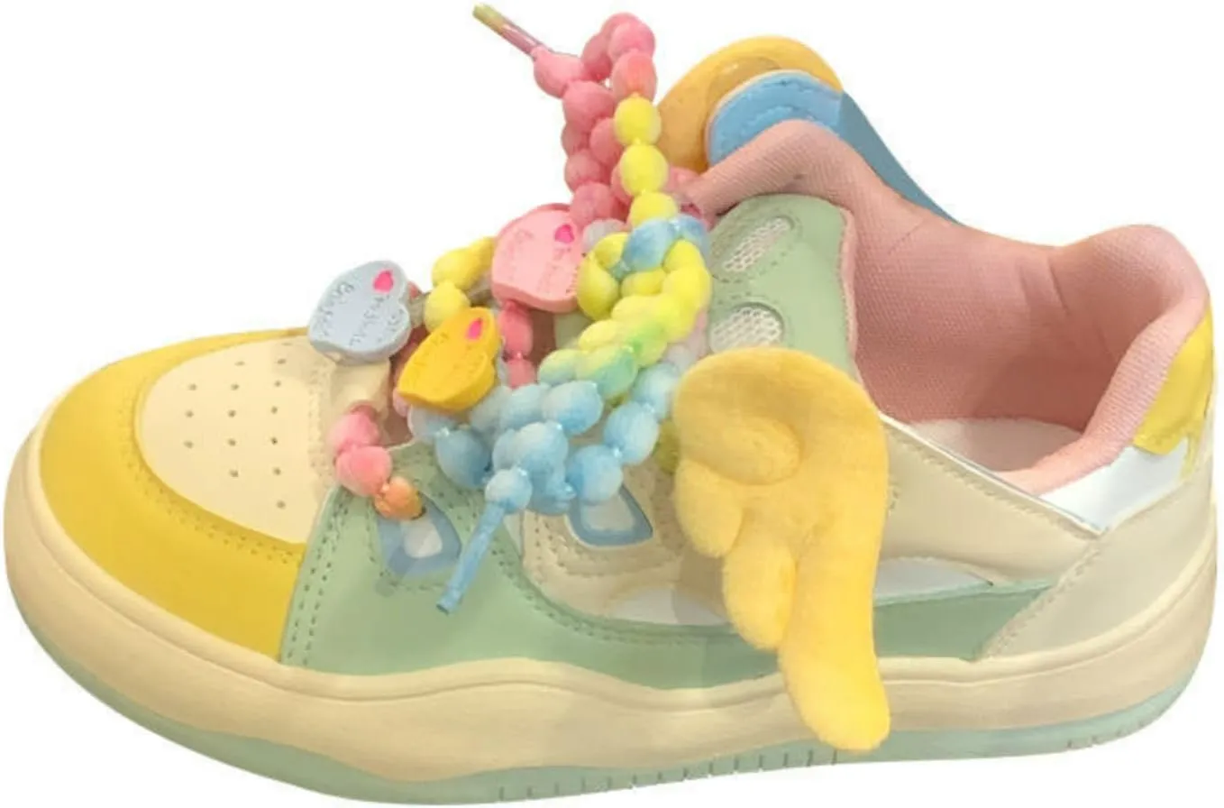 Cute Heart & Wings Letter Sneakers for Women Dopamine Color Lace-Up Walking Shoes Rubber Sole Lace Up Shoes