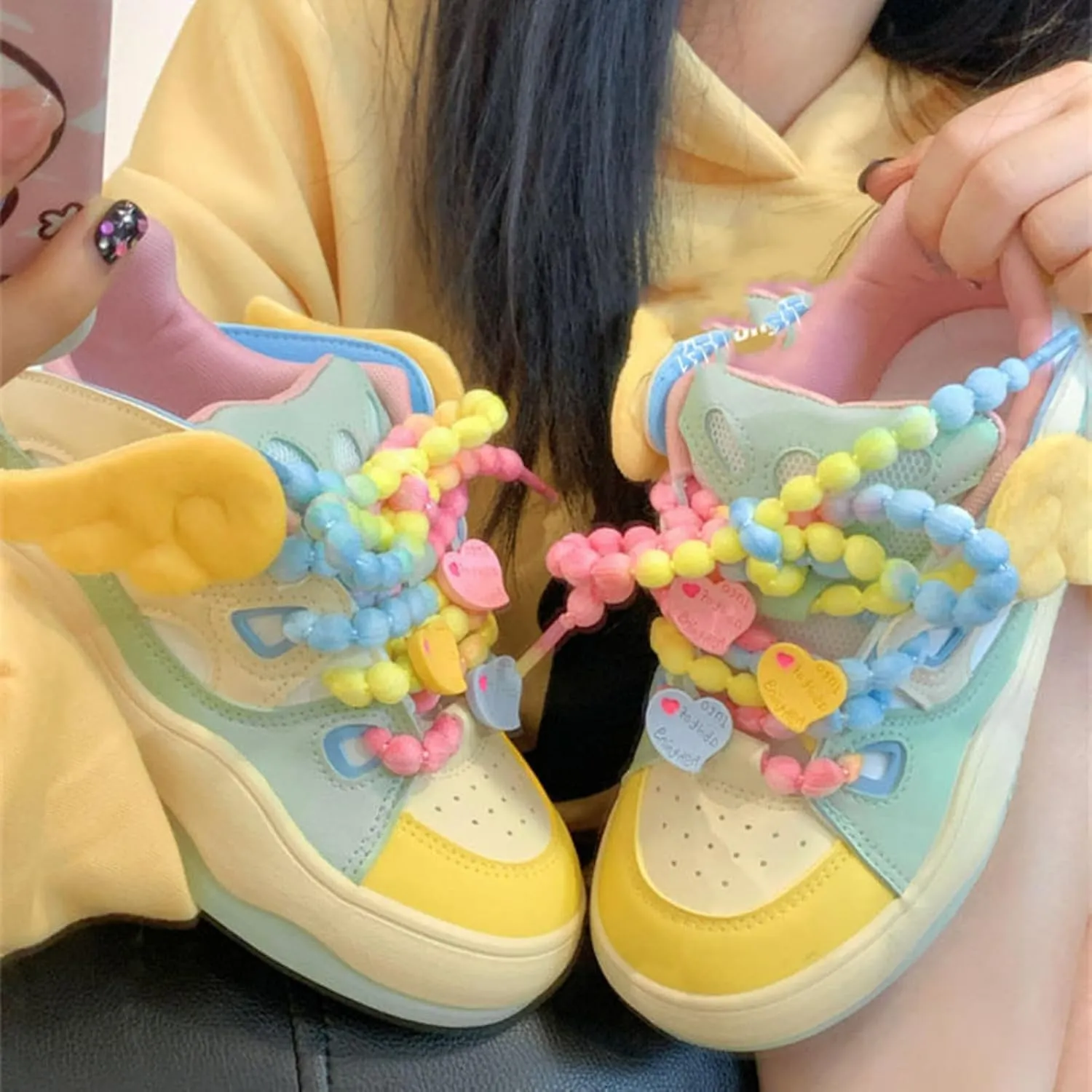 Cute Heart & Wings Letter Sneakers for Women Dopamine Color Lace-Up Walking Shoes Rubber Sole Lace Up Shoes