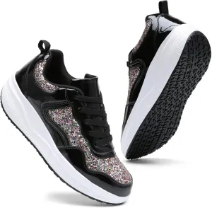 DADAWEN Women's Glitter Platform Wedge Athletic Tennis Walking Shoes Sparkly Sequin Lightweight Non Slip Casual Comfort Fashion Sneakers (Size:US5-US12)