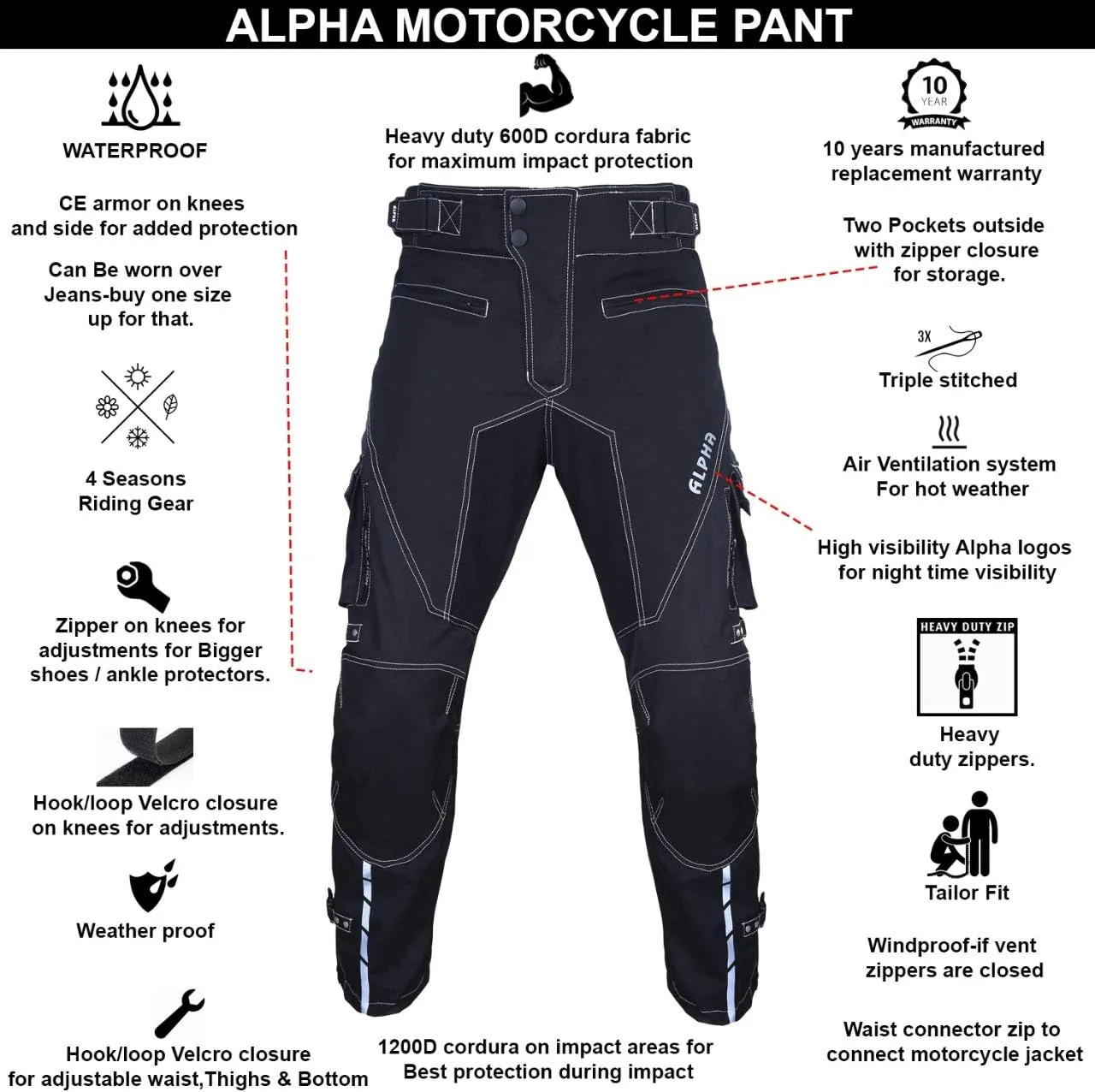 Dirt Bike Motocross Motorcycle Pants for Men hi Vis Armor Riding Racing Dual Sports overpants ATV mx BMX (Black, Waist 42"-44" Inseam 30")