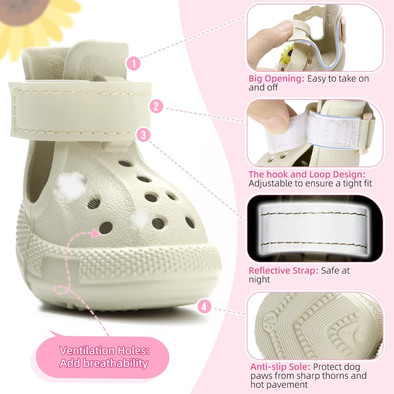 Dog Shoes for Hot Pavement - Breathable Dog Sandals with Non Slip Soles & Reflective Straps, Easy ON & Off, Easy-Clean Summer Outdoor Pet Boots for Small Medium Large Dogs, Beige, 1