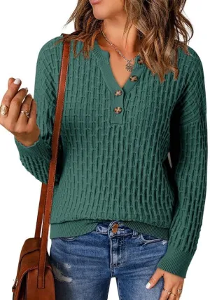 Dokotoo Womens Sweaters 2024 Casual Long Sleeve V Neck Textured Button Fall Sweater Loose Fit Pullover Jumper Tops