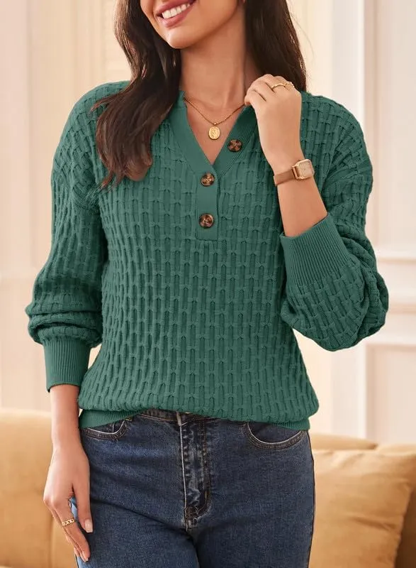 Dokotoo Womens Sweaters 2024 Casual Long Sleeve V Neck Textured Button Fall Sweater Loose Fit Pullover Jumper Tops