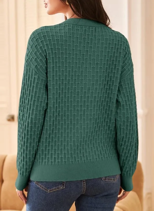 Dokotoo Womens Sweaters 2024 Casual Long Sleeve V Neck Textured Button Fall Sweater Loose Fit Pullover Jumper Tops