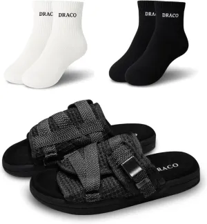 DracoSlides Reflective Slides for Men & Women, Made from Silk with Adjustable Straps, Sandals with Arch Support & Slip Resistant - Plus 1 White & 1 Black Comfort Fit Ankle Socks - Bundle