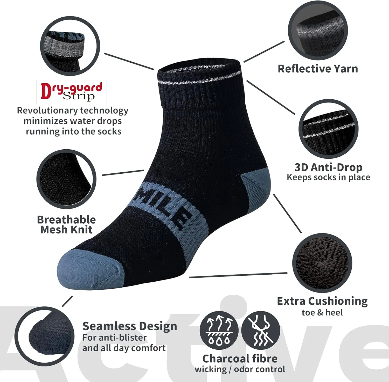 DRYMILE Active Waterproof Socks, Breathable Cushioned Running, Hiking, Winter Waterproof Socks for Men & Women - Ankle