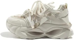 Dual Hook & Loop Lace-Up Dad Sneakers - Y2K Retro Thick Platform Kawaii Shoes for Women & Girls, Comfy White Casual Trainers for Back to School, Birthday Gifts, Beach Travel, Minimalist Streetwear