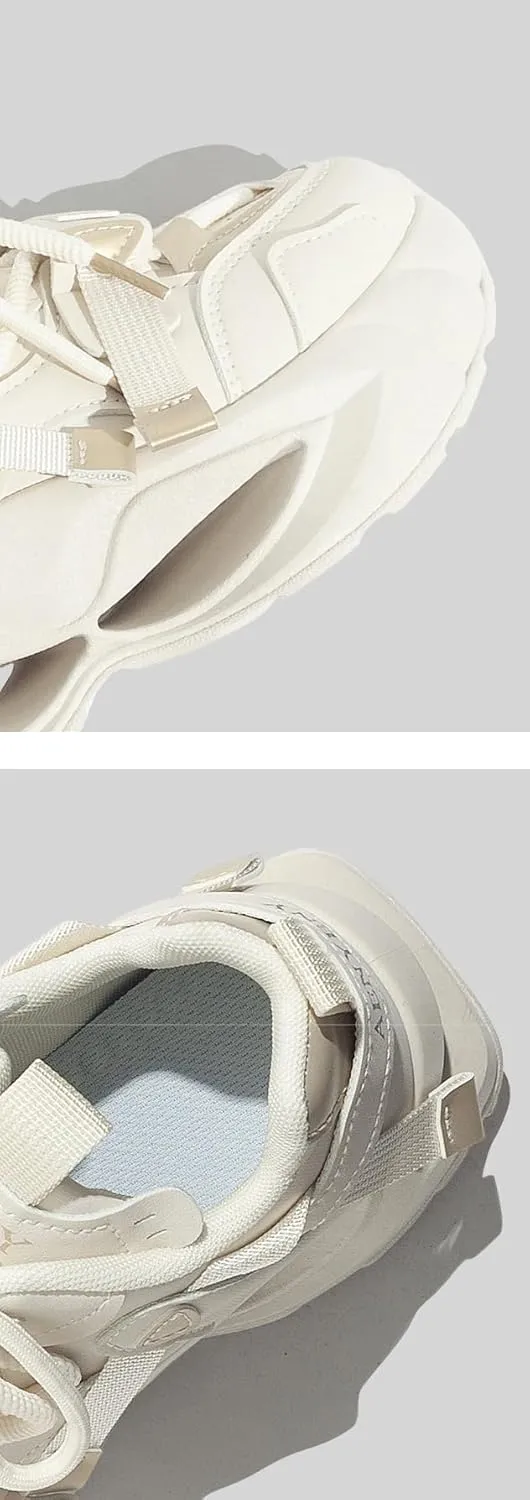 Dual Hook & Loop Lace-Up Dad Sneakers - Y2K Retro Thick Platform Kawaii Shoes for Women & Girls, Comfy White Casual Trainers for Back to School, Birthday Gifts, Beach Travel, Minimalist Streetwear