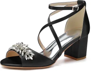 Elegant Bridal Sandals Crystal Flower Wedding Heels for Women, Satin Ankle Strap Shoes with Chunky Heel, Prom Evening Party Dress Shoes