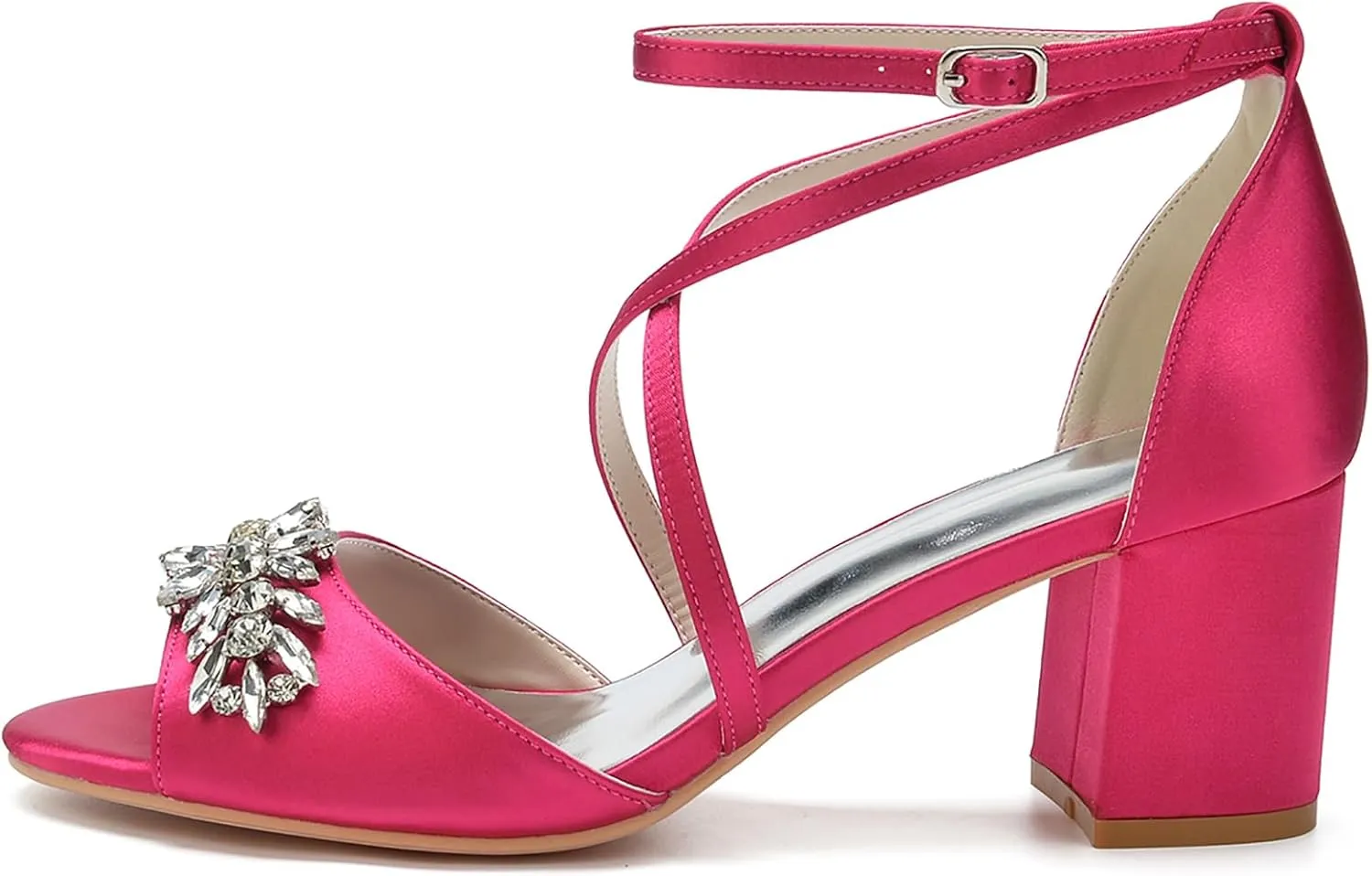 Elegant Bridal Sandals Crystal Flower Wedding Heels for Women, Satin Ankle Strap Shoes with Chunky Heel, Prom Evening Party Dress Shoes