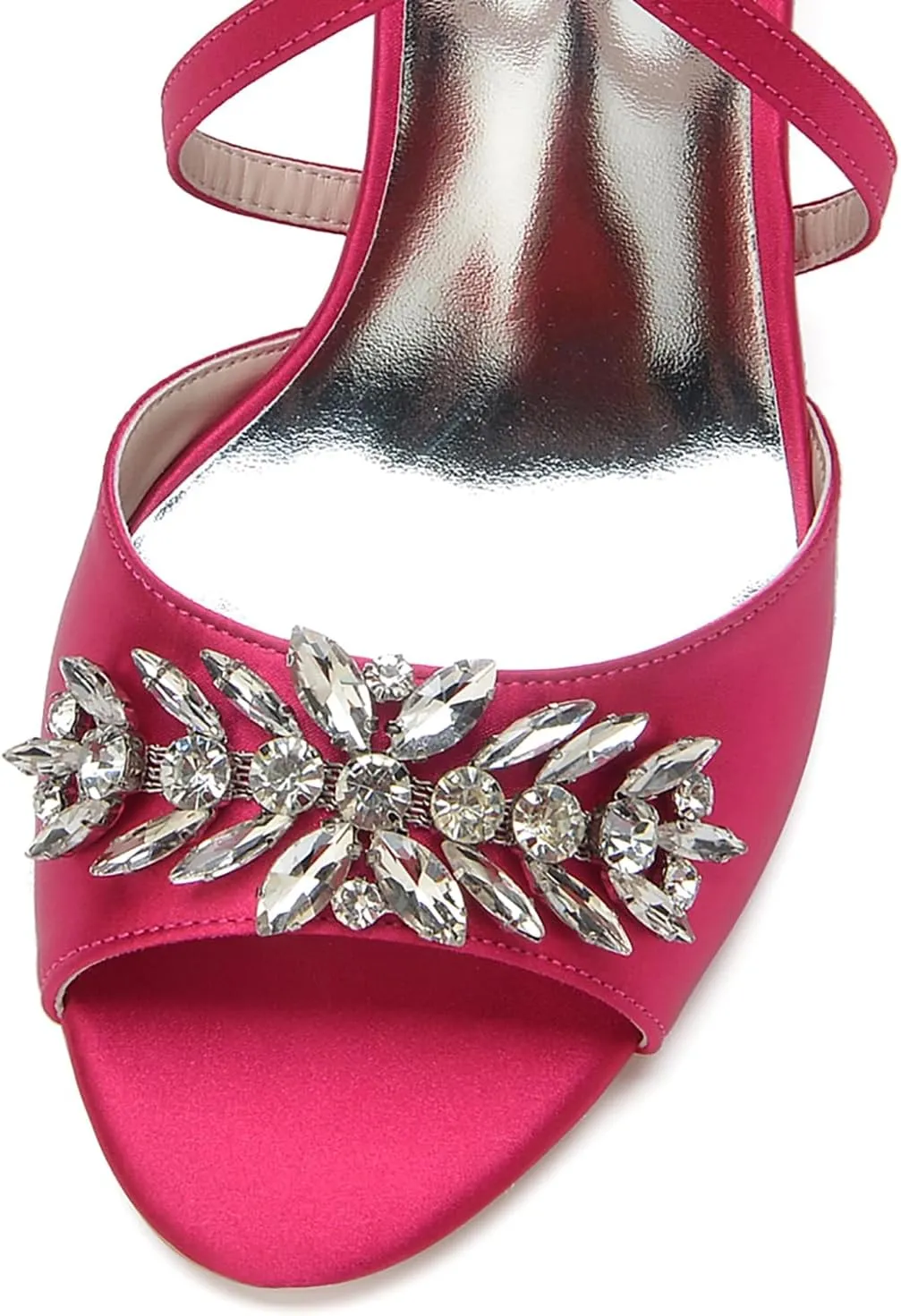 Elegant Bridal Sandals Crystal Flower Wedding Heels for Women, Satin Ankle Strap Shoes with Chunky Heel, Prom Evening Party Dress Shoes