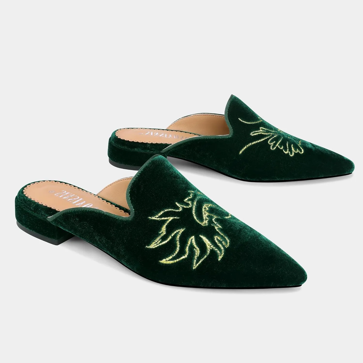 Embroidered Mules for Women Pointed Toe Backless Velvet Flats Slides with Dragon Pattern