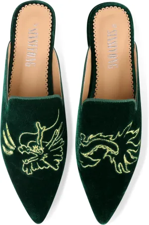 Embroidered Mules for Women Pointed Toe Backless Velvet Flats Slides with Dragon Pattern