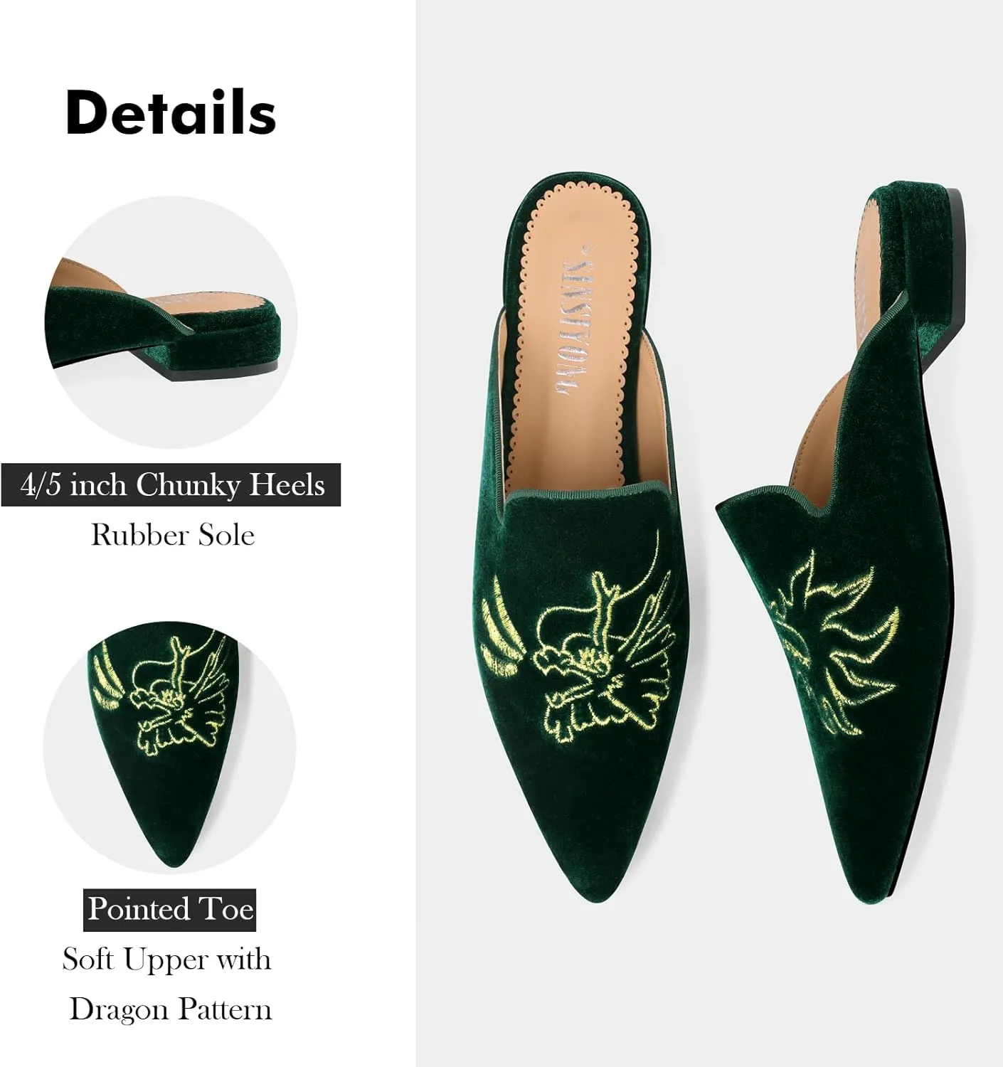 Embroidered Mules for Women Pointed Toe Backless Velvet Flats Slides with Dragon Pattern