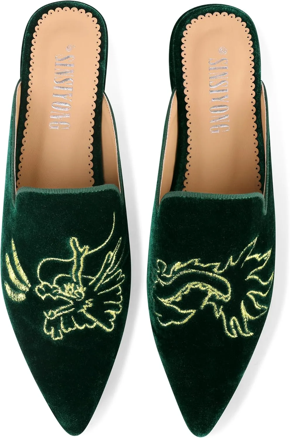Embroidered Mules for Women Pointed Toe Backless Velvet Flats Slides with Dragon Pattern