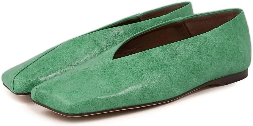 Fandimeier Women's Leather Ballet Flats Squared Toe Comfortable Dressy Slip On Walking Shoes for Casual Work