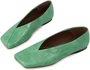 Fandimeier Women's Leather Ballet Flats Squared Toe Comfortable Dressy Slip On Walking Shoes for Casual Work