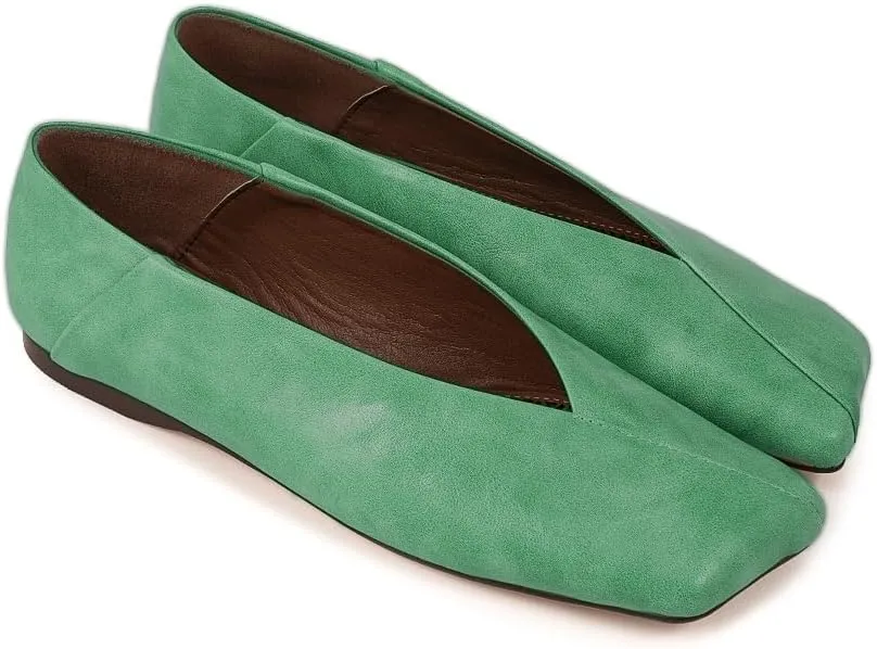 Fandimeier Women's Leather Ballet Flats Squared Toe Comfortable Dressy Slip On Walking Shoes for Casual Work