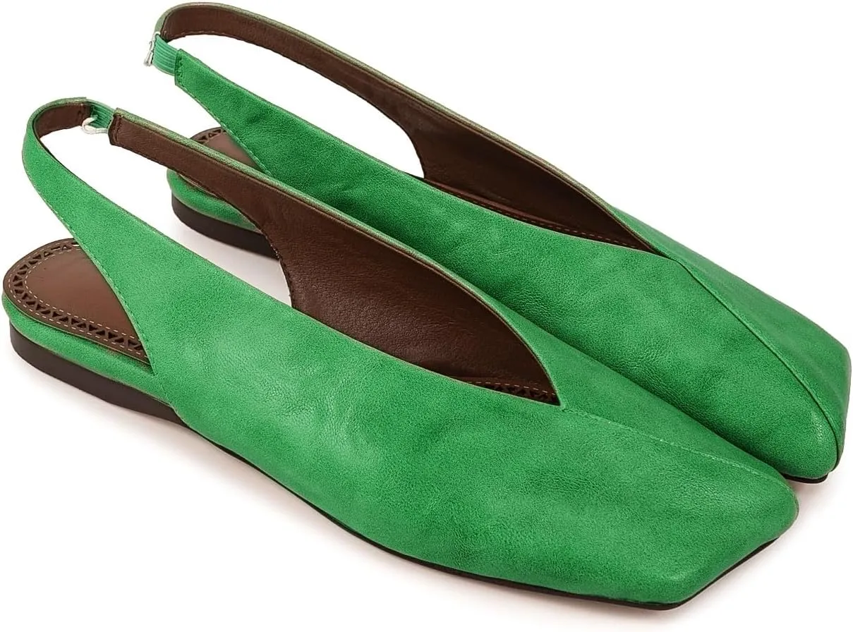 Fandimeier Women's Squared Toe Slingback Flats Ballet Leather Upper Mary Jane Flat Casual Dressy Fashion Shoes
