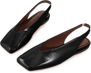 Fandimeier Women's Squared Toe Slingback Flats Ballet Leather Upper Mary Jane Flat Casual Dressy Fashion Shoes