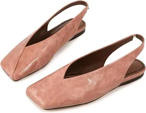 Fandimeier Women's Squared Toe Slingback Flats Ballet Leather Upper Mary Jane Flat Casual Dressy Fashion Shoes