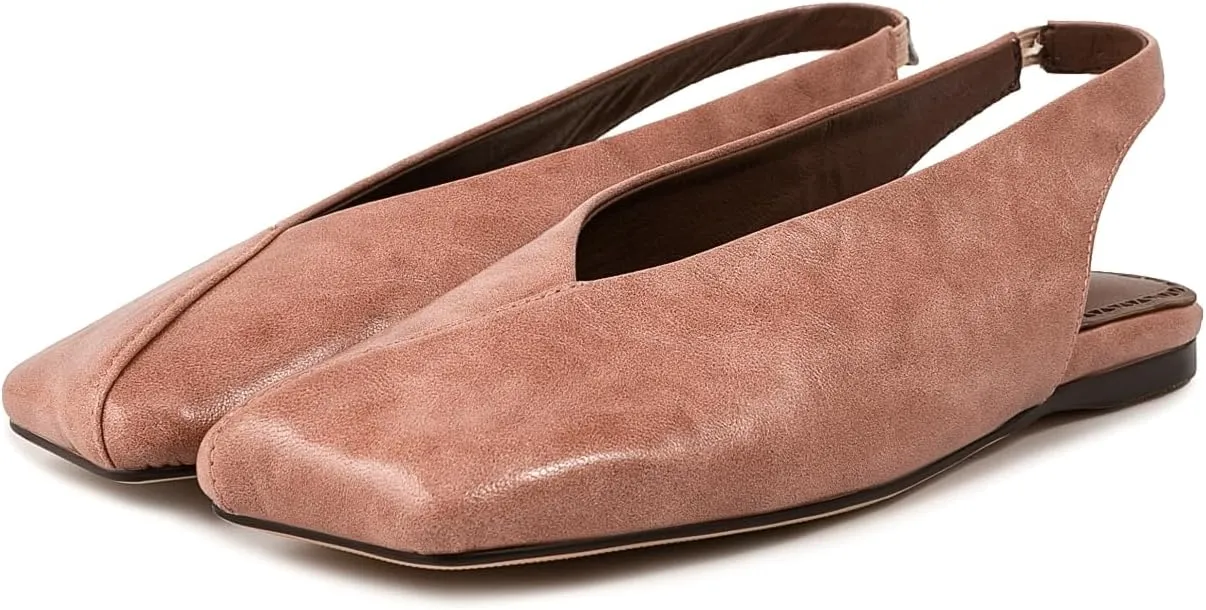 Fandimeier Women's Squared Toe Slingback Flats Ballet Leather Upper Mary Jane Flat Casual Dressy Fashion Shoes