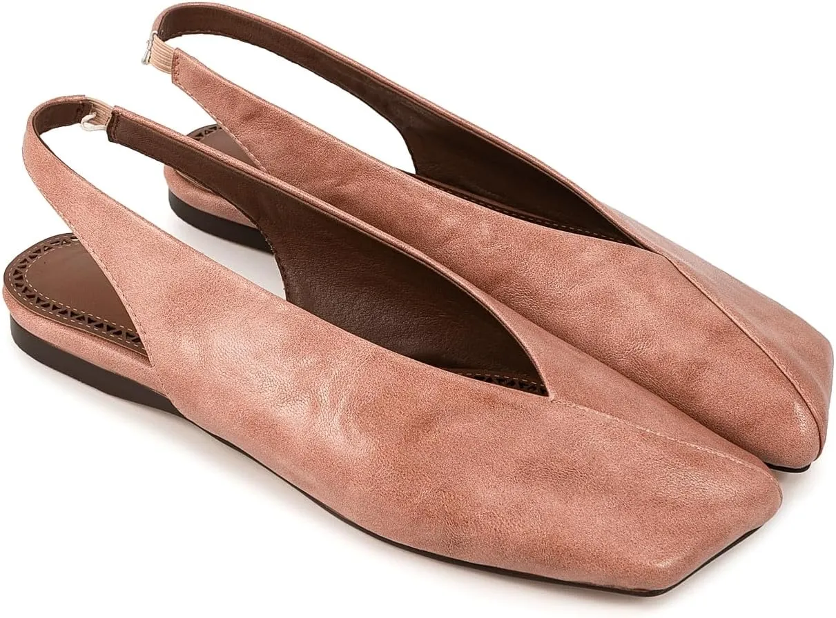 Fandimeier Women's Squared Toe Slingback Flats Ballet Leather Upper Mary Jane Flat Casual Dressy Fashion Shoes