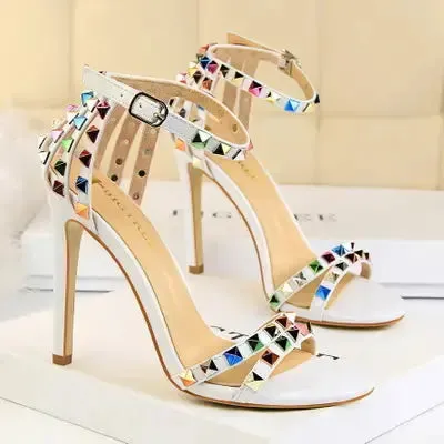 Fashion Colorful Bling Crystal Reflective Lady Sexy Metal Stud sandals Rivet Glitter Women Sandal Heels for Ladies