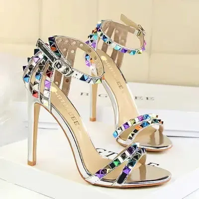 Fashion Colorful Bling Crystal Reflective Lady Sexy Metal Stud sandals Rivet Glitter Women Sandal Heels for Ladies