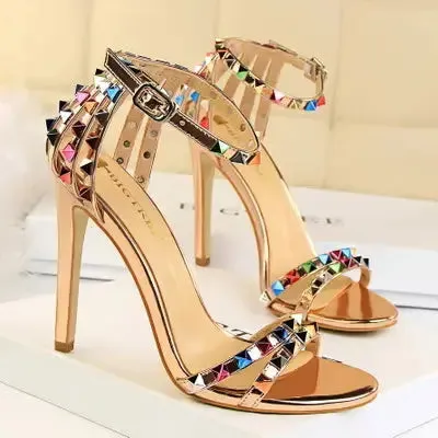 Fashion Colorful Bling Crystal Reflective Lady Sexy Metal Stud sandals Rivet Glitter Women Sandal Heels for Ladies