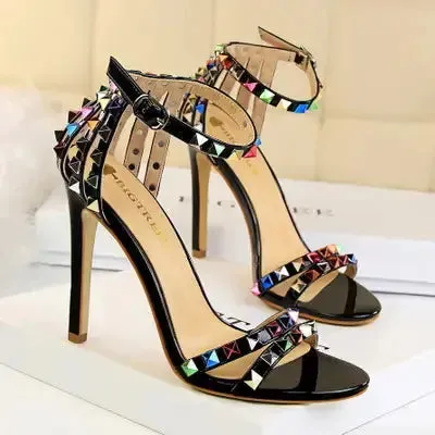 Fashion Colorful Bling Crystal Reflective Lady Sexy Metal Stud sandals Rivet Glitter Women Sandal Heels for Ladies