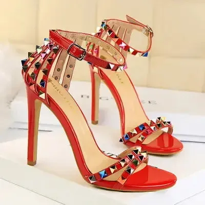 Fashion Colorful Bling Crystal Reflective Lady Sexy Metal Stud sandals Rivet Glitter Women Sandal Heels for Ladies