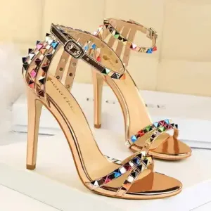 Fashion Colorful Bling Crystal Reflective Lady Sexy Metal Stud sandals Rivet Glitter Women Sandal Heels for Ladies