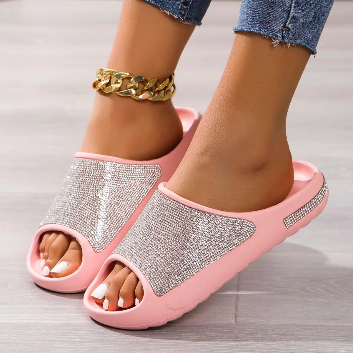 Fashion Crystal Slides for Women Summer Bling Sandals for Girls Women's Diamond Slippers with Glitter