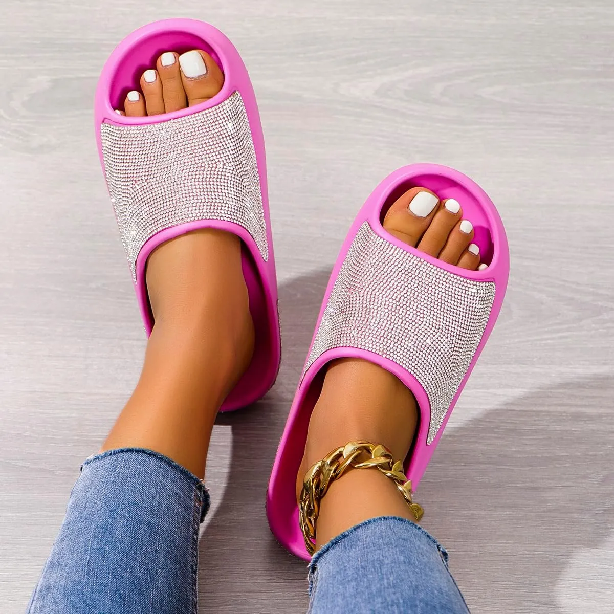 Fashion Crystal Slides for Women Summer Bling Sandals for Girls Women's Diamond Slippers with Glitter