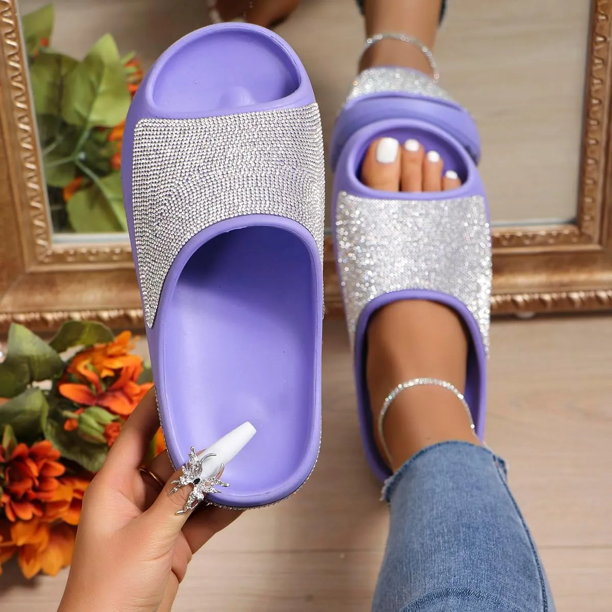 Fashion Crystal Slides for Women Summer Bling Sandals for Girls Women's Diamond Slippers with Glitter