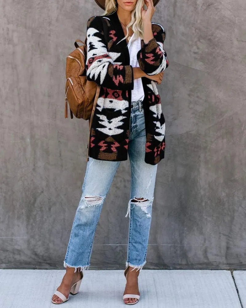 FERBIA Women Boho Cardigan Aztec Open Front Loose Slouchy Sweaters Tribal Long Sleeve Knitted Christmas Jacket Coat