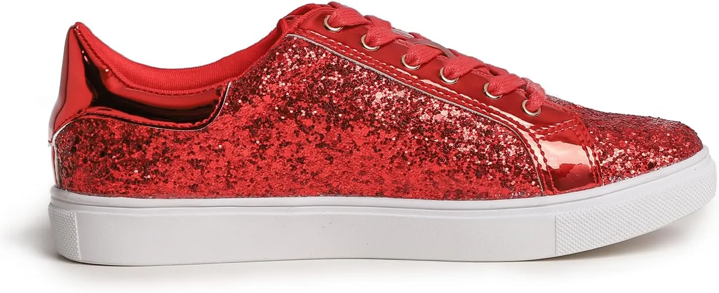 FEVERSOLE Women's Fashion Lace Up Dress Sneakers Sparkly Party Shiny Shoes