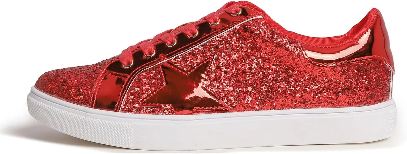 FEVERSOLE Women's Fashion Lace Up Dress Sneakers Sparkly Party Shiny Shoes
