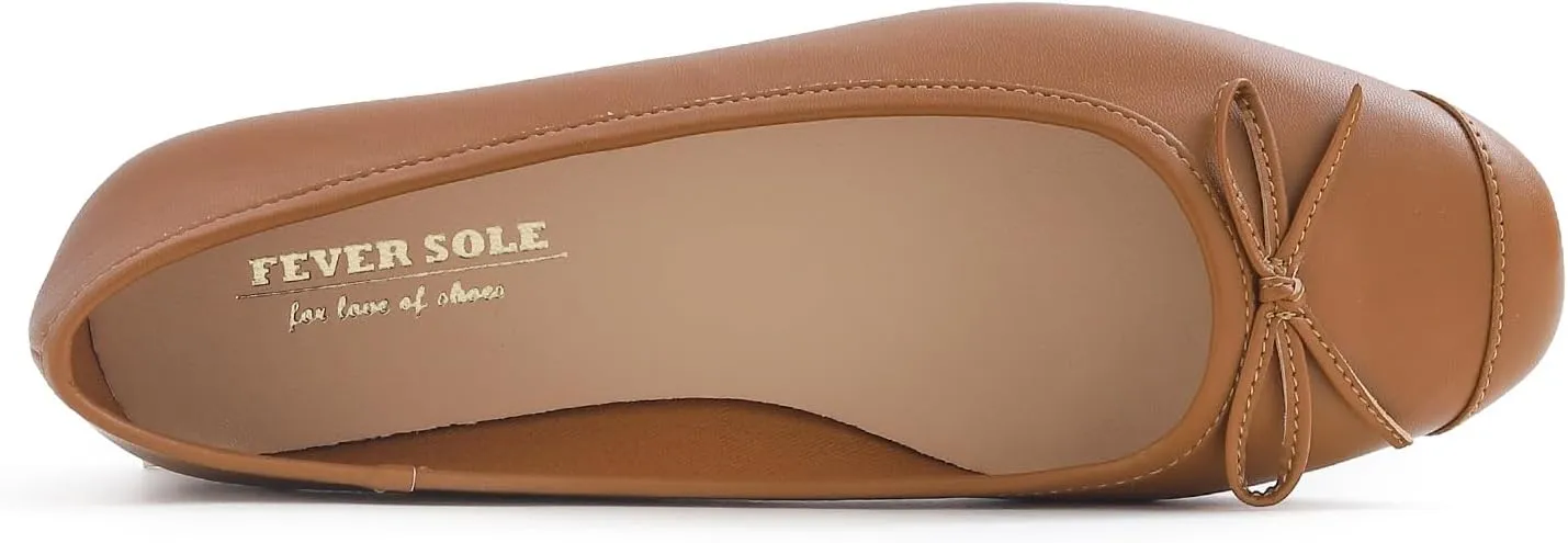 FEVERSOLE Women's Square Toe Fashion Bow Tie Dress Slip On Ballet Flats