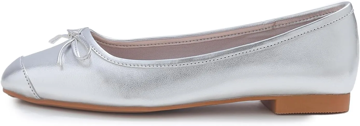 FEVERSOLE Women's Square Toe Fashion Bow Tie Dress Slip On Ballet Flats