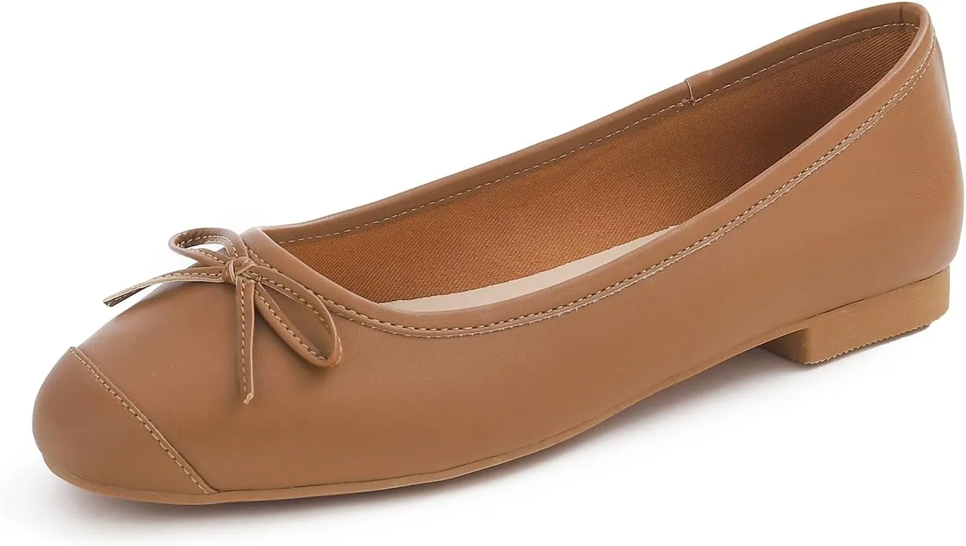 FEVERSOLE Women's Square Toe Fashion Bow Tie Dress Slip On Ballet Flats