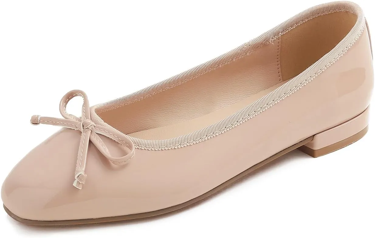 FEVERSOLE Women's Square Toe Low Heel Bow Tie Dress Pump Shoes