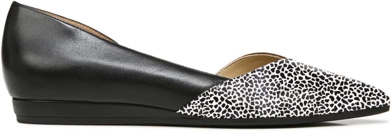 FOWT Spring Two-Toned Leather Leopard Print Patchwork Half D'Orsay Flats Chic Sexy Pointed Toe Slip on Low Heel Shoes Elegant Simple Office Black Ballet Flats for Women, US Size 4-16 M
