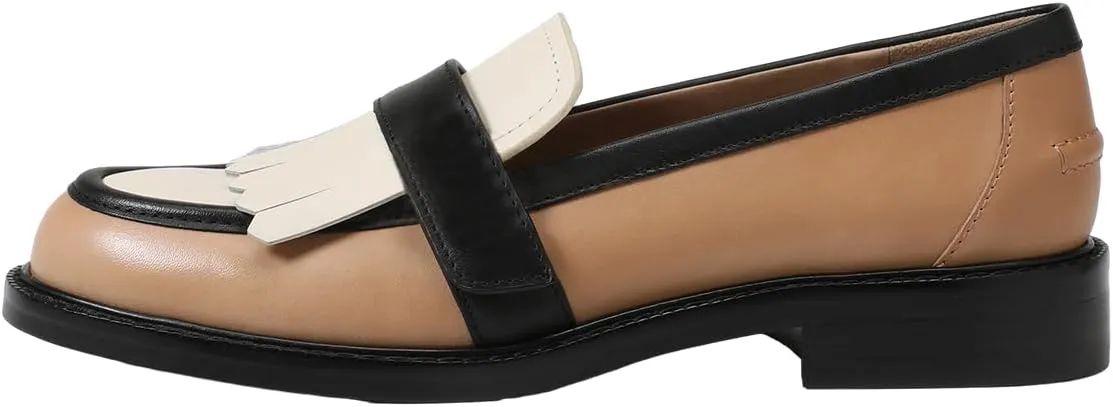 FOWT Women Round Toe Platform Penny Loafers Slip on Tassel Flat Pumps Contrast Stitching Office School Shoes Size 4-16 US