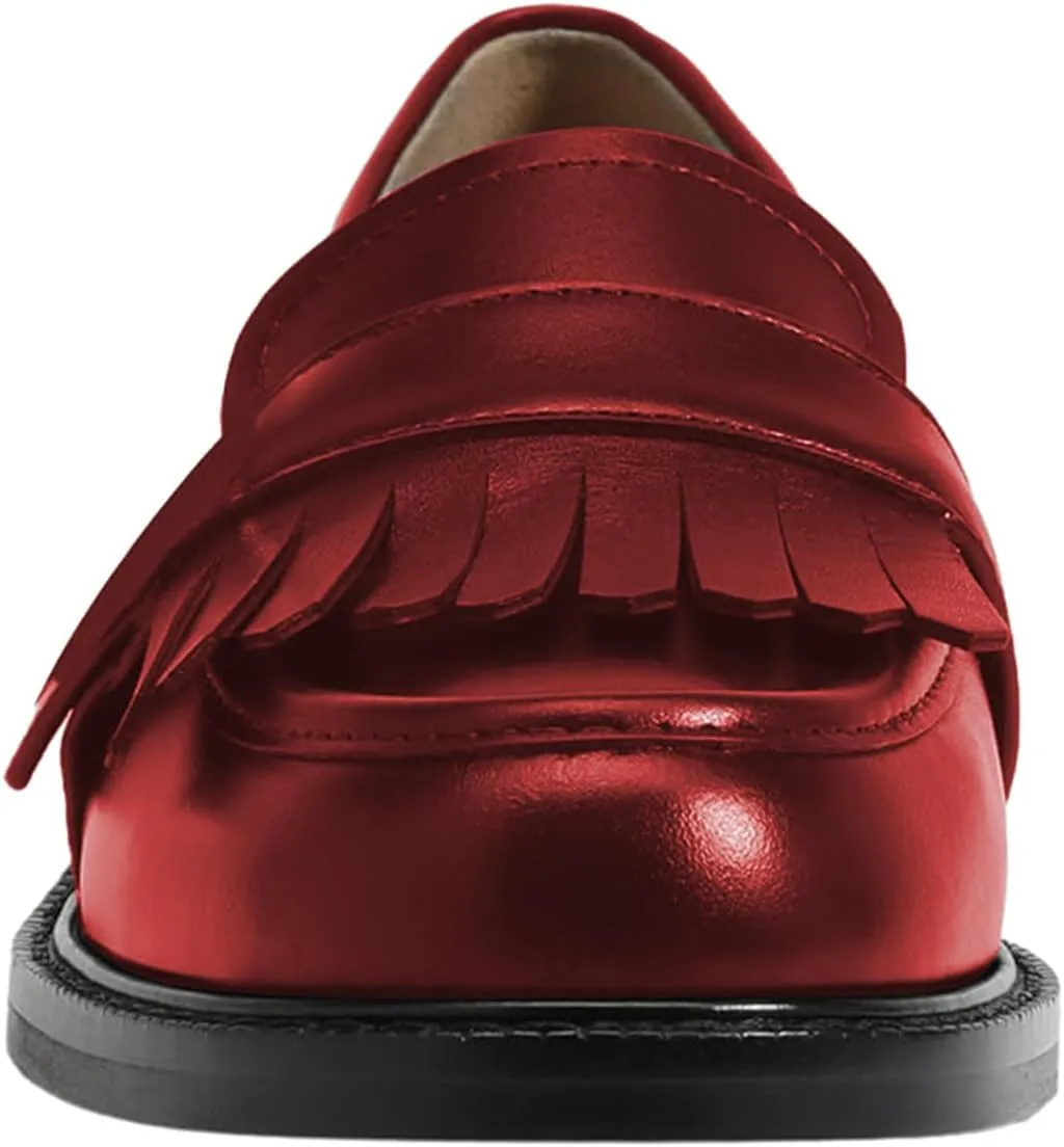 FOWT Women Round Toe Platform Penny Loafers Slip on Tassel Flat Pumps Contrast Stitching Office School Shoes Size 4-16 US
